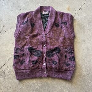 Vintage Wang Kong Women's Rose Knit Cardigan Quilted Lined Vest Size L Retro 70s